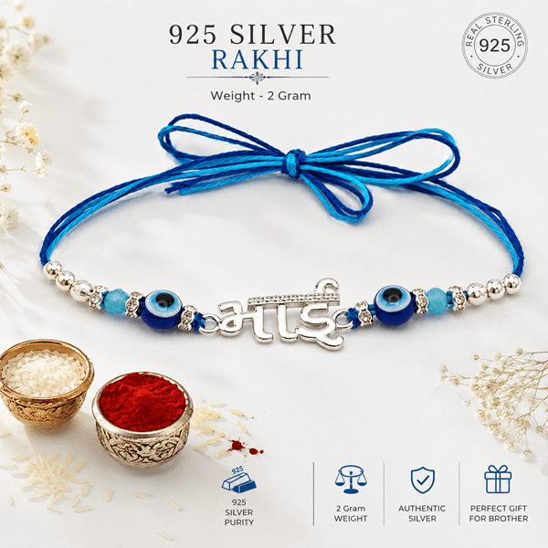 orisil jewels 925 Sterling Silver Rakhi for Brother | Bhai Charm with Evil Eye Beads | Includes Roli & Achhat  view 5