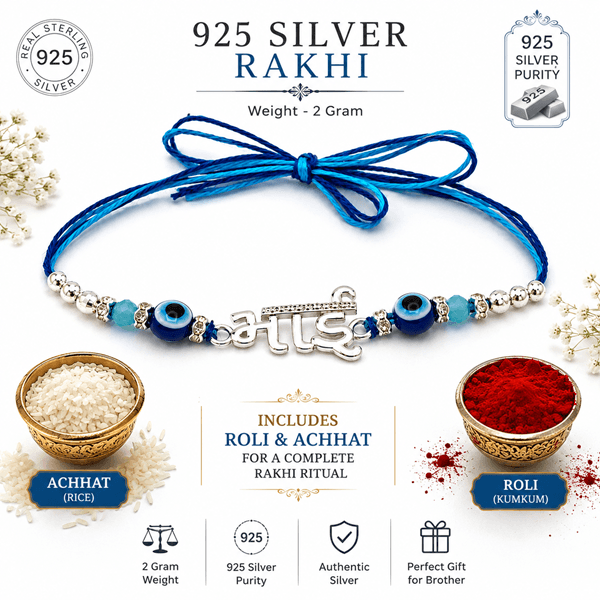 orisil jewels 925 Sterling Silver Rakhi for Brother | Bhai Charm with Evil Eye Beads | Includes Roli & Achhat  view 2