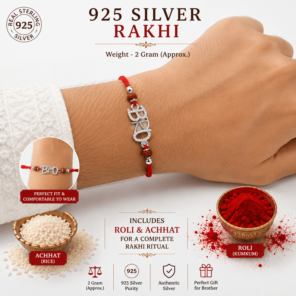 925 Sterling Silver Rakhi for Brother with Roli & Chawal | Handmade Raksha Bandhan Rakhi | Gift for Men & Boys | With Certificate of Authenticity and 925 Stamp view 2