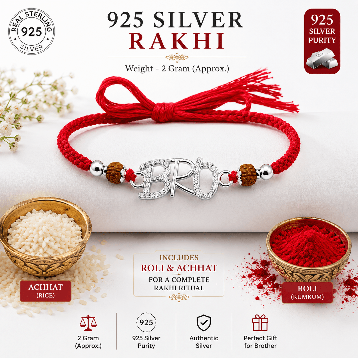 925 Sterling Silver Rakhi for Brother with Roli & Chawal | Handmade Raksha Bandhan Rakhi | Gift for Men & Boys | With Certificate of Authenticity and 925 Stamp view 5