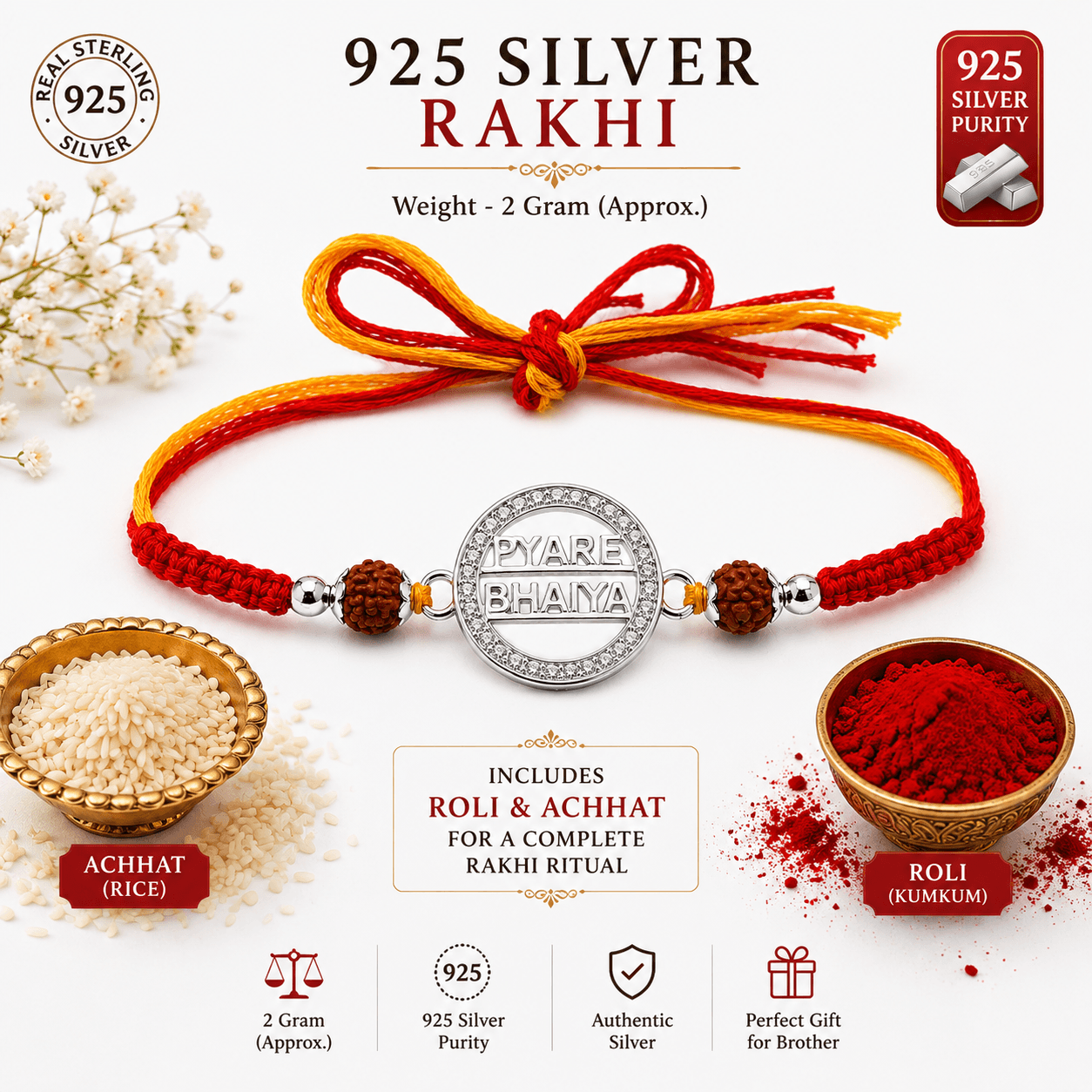 925 Sterling Silver Rakhi for Brother | Handmade Designer Rakhi with Premium Thread | Includes Roli & Chawal | Raksha Bandhan Gift | With Certificate of Authenticity and 925 Stamp view 3