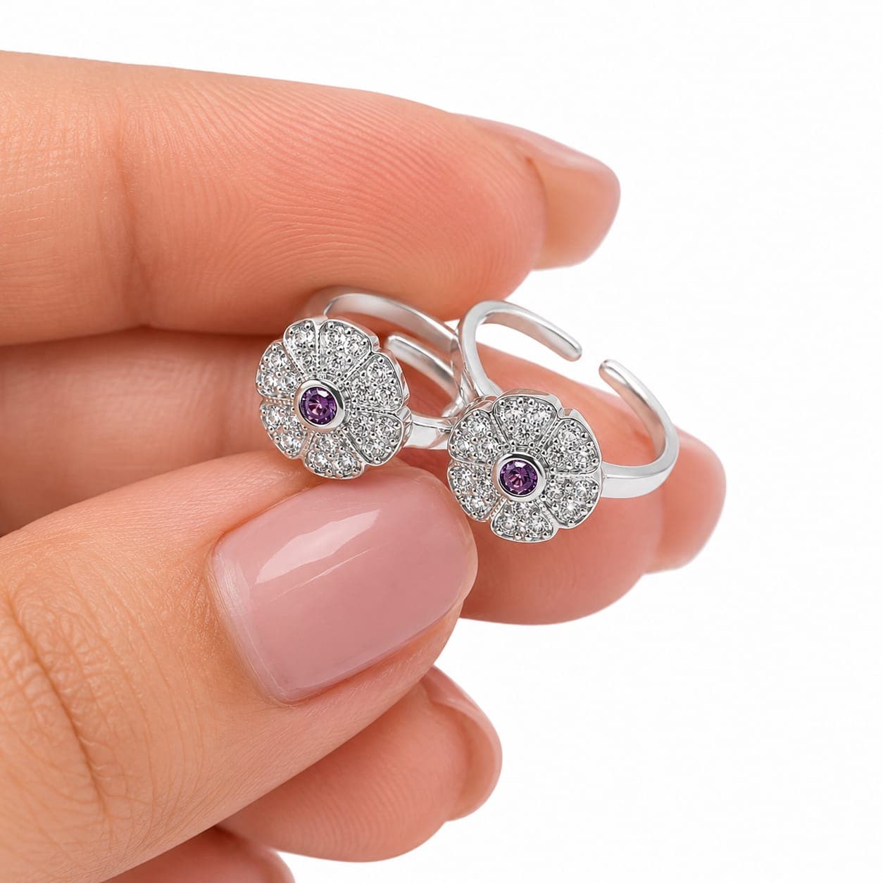 925 Sterling Silver Flower Toe Ring with Purple CZ,  | Adjustable Open Design, CZ Studded Petals, Tarnish Resistant, Lightweight & Comfortable, Fits All Toe Sizes view 5