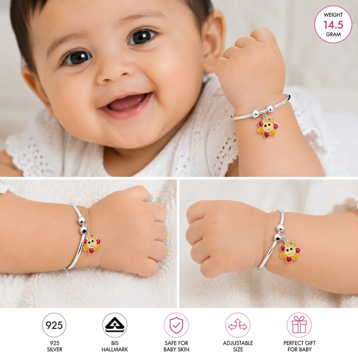 *925 Sterling Silver Baby Nazariya Bracelet for Kids | Adjustable Hand kada | BIS Hallmarked Silver | Traditional Baby Jewellery* view 3