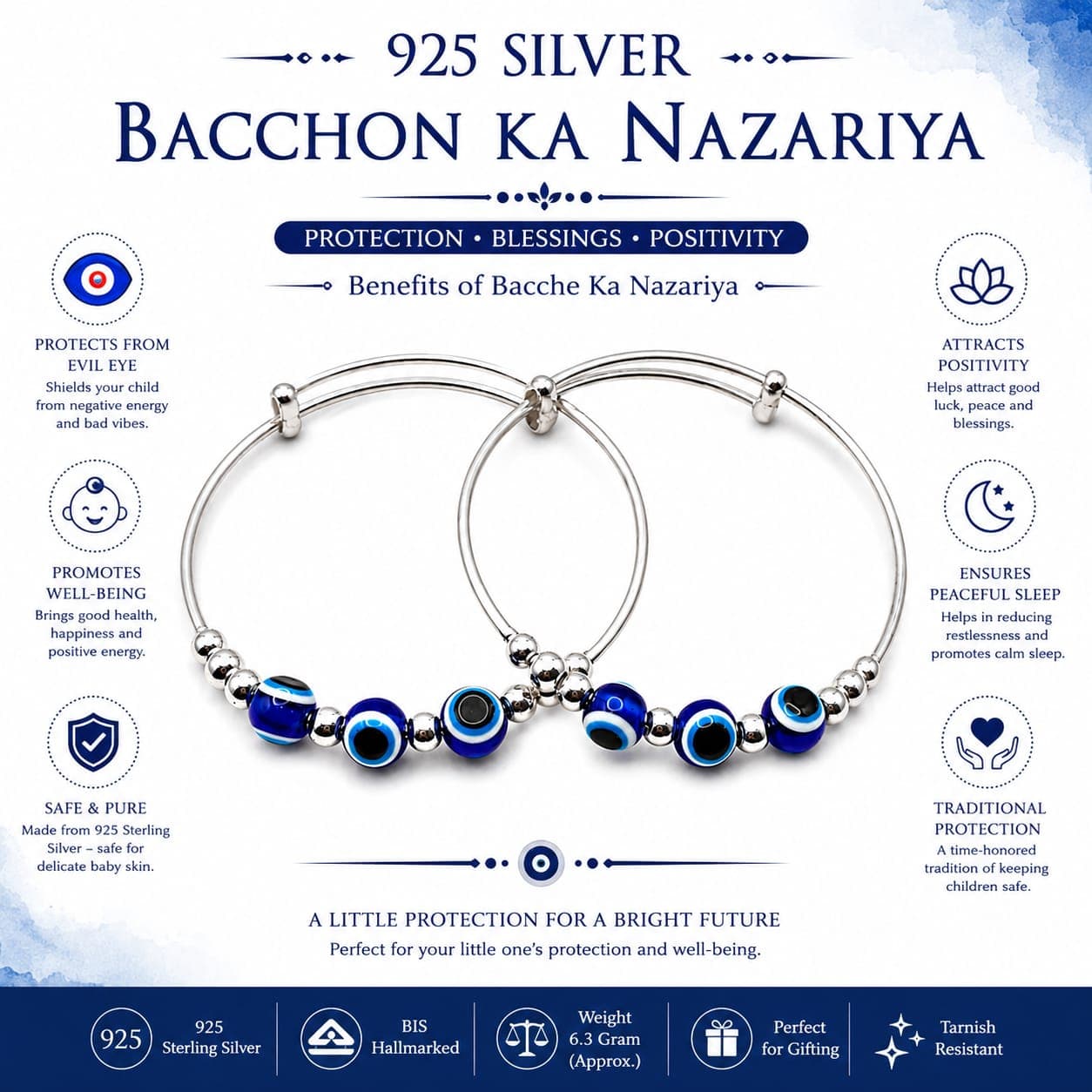 925 Sterling Silver Baby Nazariya Bracelet | BIS Hallmarked | Adjustable | Evil Eye Protection | Orisil Jewels view 2