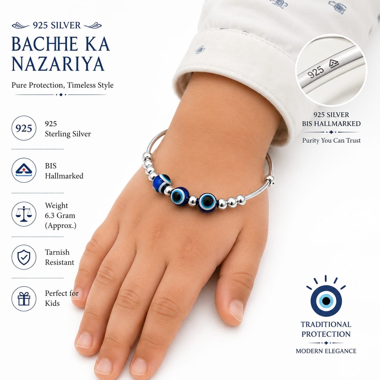 925 Sterling Silver Baby Nazariya Bracelet | BIS Hallmarked | Adjustable | Evil Eye Protection | Orisil Jewels view 4