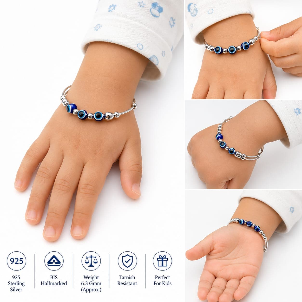 925 Sterling Silver Baby Nazariya Bracelet | BIS Hallmarked | Adjustable | Evil Eye Protection | Orisil Jewels view 5