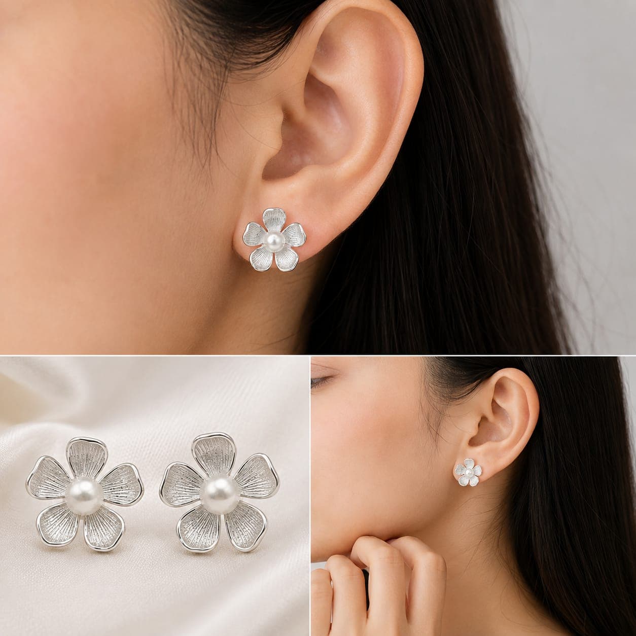 ORISIL JEWELS 925 Sterling Silver Flower Pearl Stud Earrings for Women & Girls | BIS Hallmarked | 1.5 cm Floral Earrings | Push Back Closure | 3.5 g | Gift for Her view 2