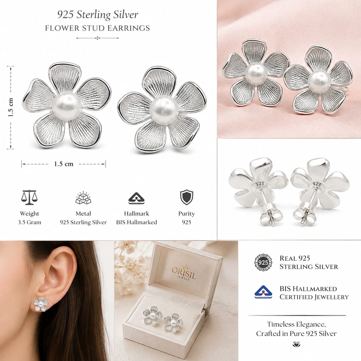 ORISIL JEWELS 925 Sterling Silver Flower Pearl Stud Earrings for Women & Girls | BIS Hallmarked | 1.5 cm Floral Earrings | Push Back Closure | 3.5 g | Gift for Her view 3