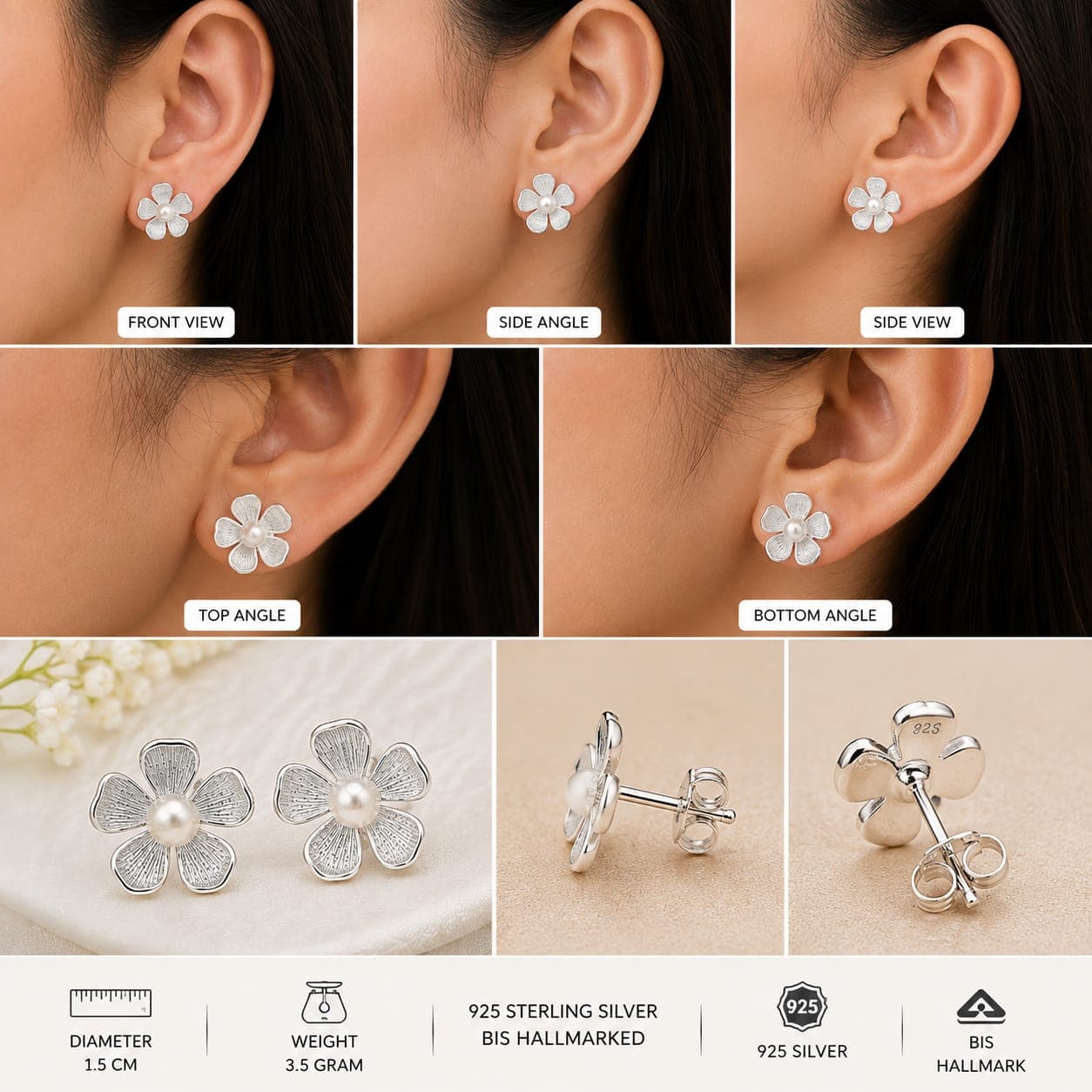 ORISIL JEWELS 925 Sterling Silver Flower Pearl Stud Earrings for Women & Girls | BIS Hallmarked | 1.5 cm Floral Earrings | Push Back Closure | 3.5 g | Gift for Her view 4
