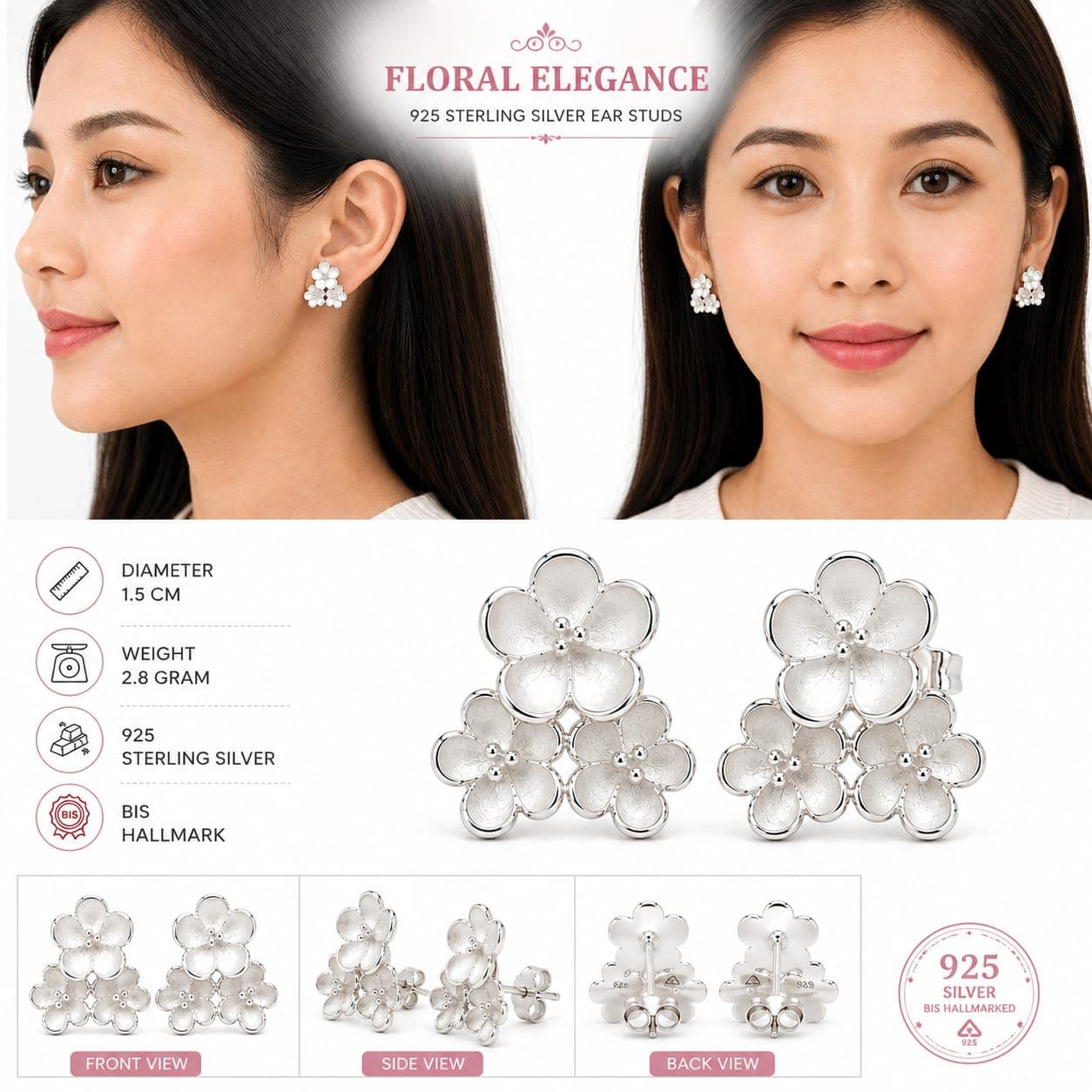 ORISIL JEWELS 925 Sterling Silver Flower Pearl Stud Earrings for Women & Girls | BIS Hallmarked | 1.5 cm Floral Earrings | Push Back Closure | 2.8 g | Gift for Her (Copy) view 3