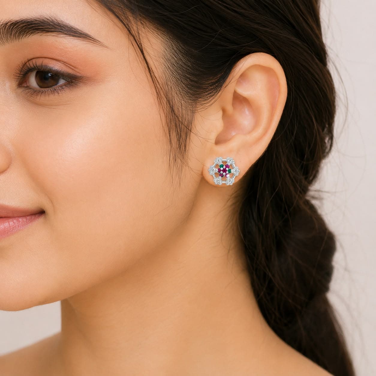 ORISIL JEWELS Women 925 Sterling Silver Floral Stud Earrings | Multicolour Stone Studs | BIS Hallmarked | 1 cm Diameter | Gift for Women & Girls (Copy) view 3