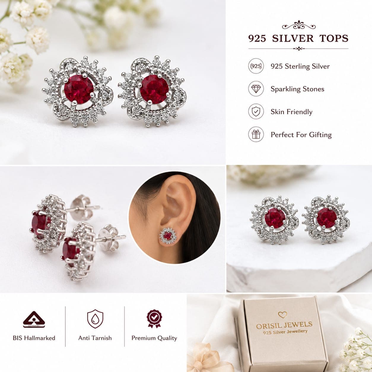 925 Sterling Silver Multiple Stud Earrings Designs for Women & Girls | BIS Hallmarked | 925 Stamped | Elegant Everyday & Gifting Jewellery view 2