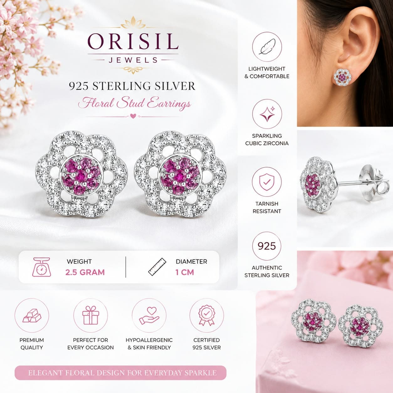 925 Sterling Silver Multiple Stud Earrings Designs for Women & Girls | BIS Hallmarked | 925 Stamped | Elegant Everyday & Gifting Jewellery  (Copy) view 4