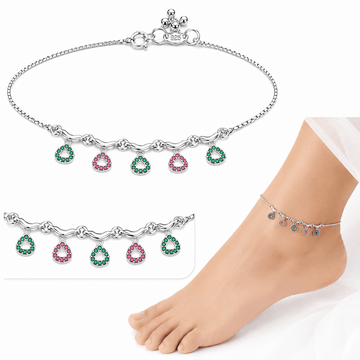 925 Sterling Silver Anklet for Women & Girls | Adjustable Silver Payal | BIS Hallmarked | CZ Charms view 4