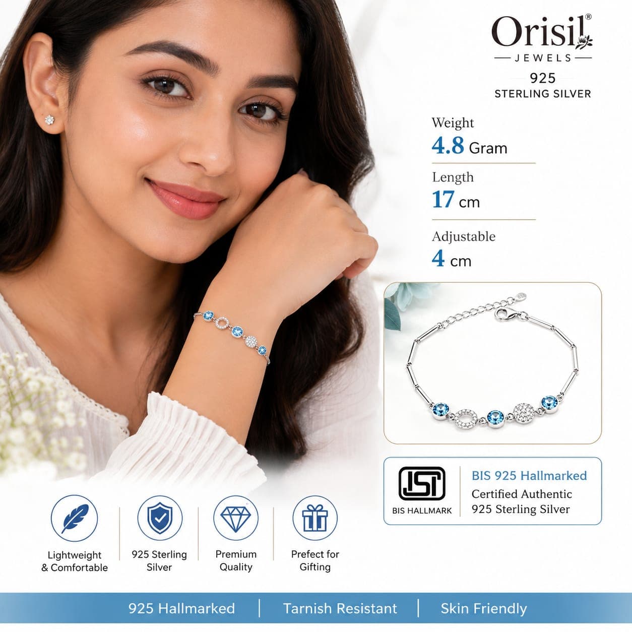 925 Sterling Silver Blue Crystal Bracelet gift for Women and Girls. view 2