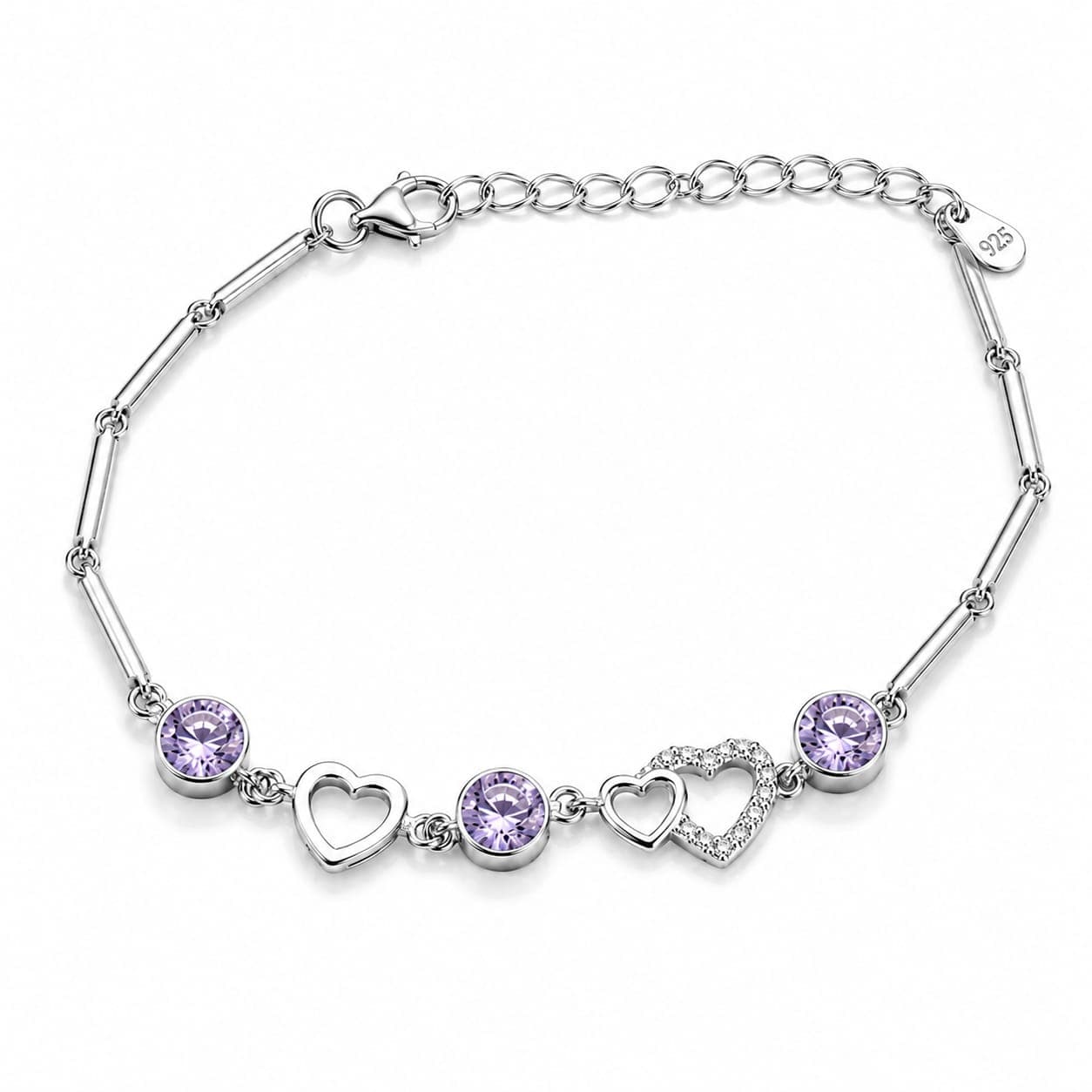 925 Sterling Silver Heart Bracelet with Purple CZ gift for girls and Women view 2