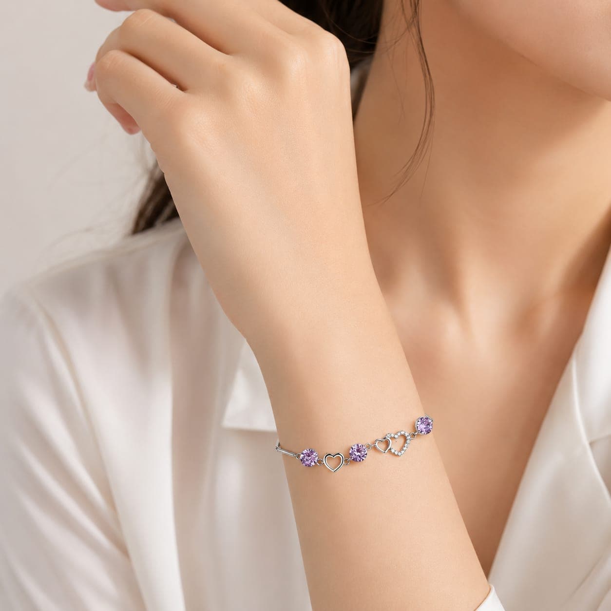 925 Sterling Silver Heart Bracelet with Purple CZ gift for girls and Women view 4