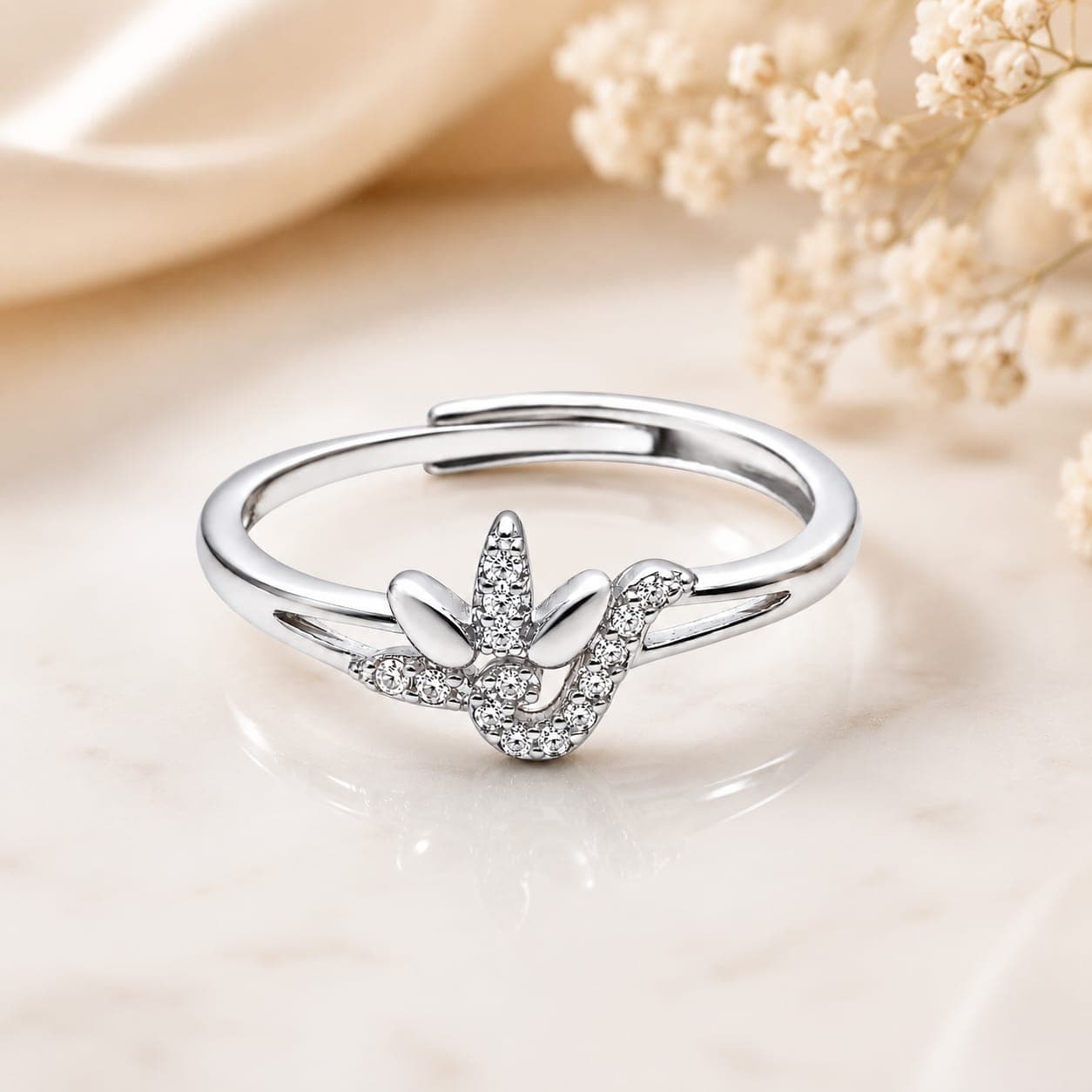 925 Sterling Silver Adjustable Finger Ring for Girls & Women | Elegant Leaf Floral CZ Ring | Adjustable Size | Gift for Her
