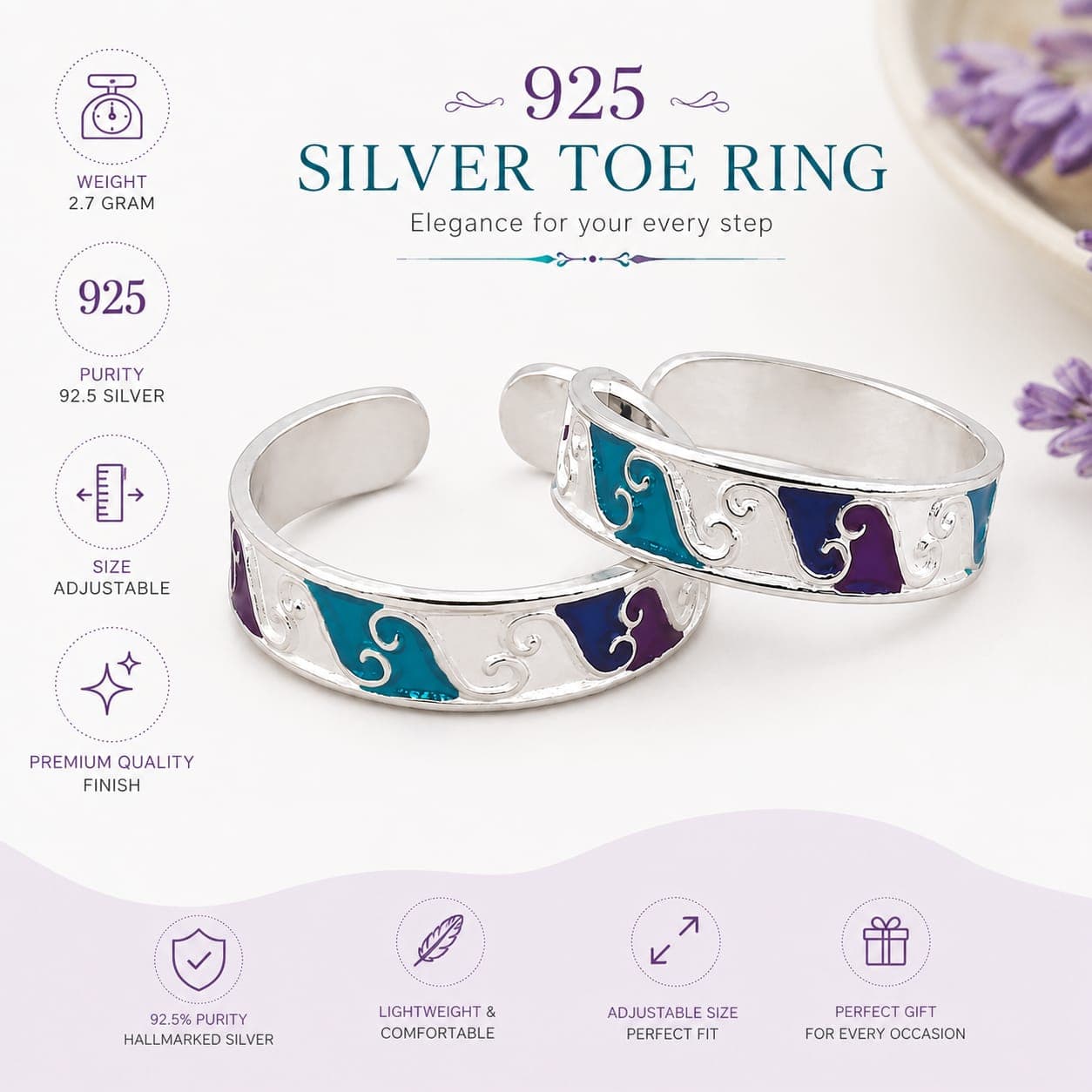 925 Sterling Silver Adjustable Toe Rings for Women | BIS Hallmarked | Adjustable Size (Design 10)