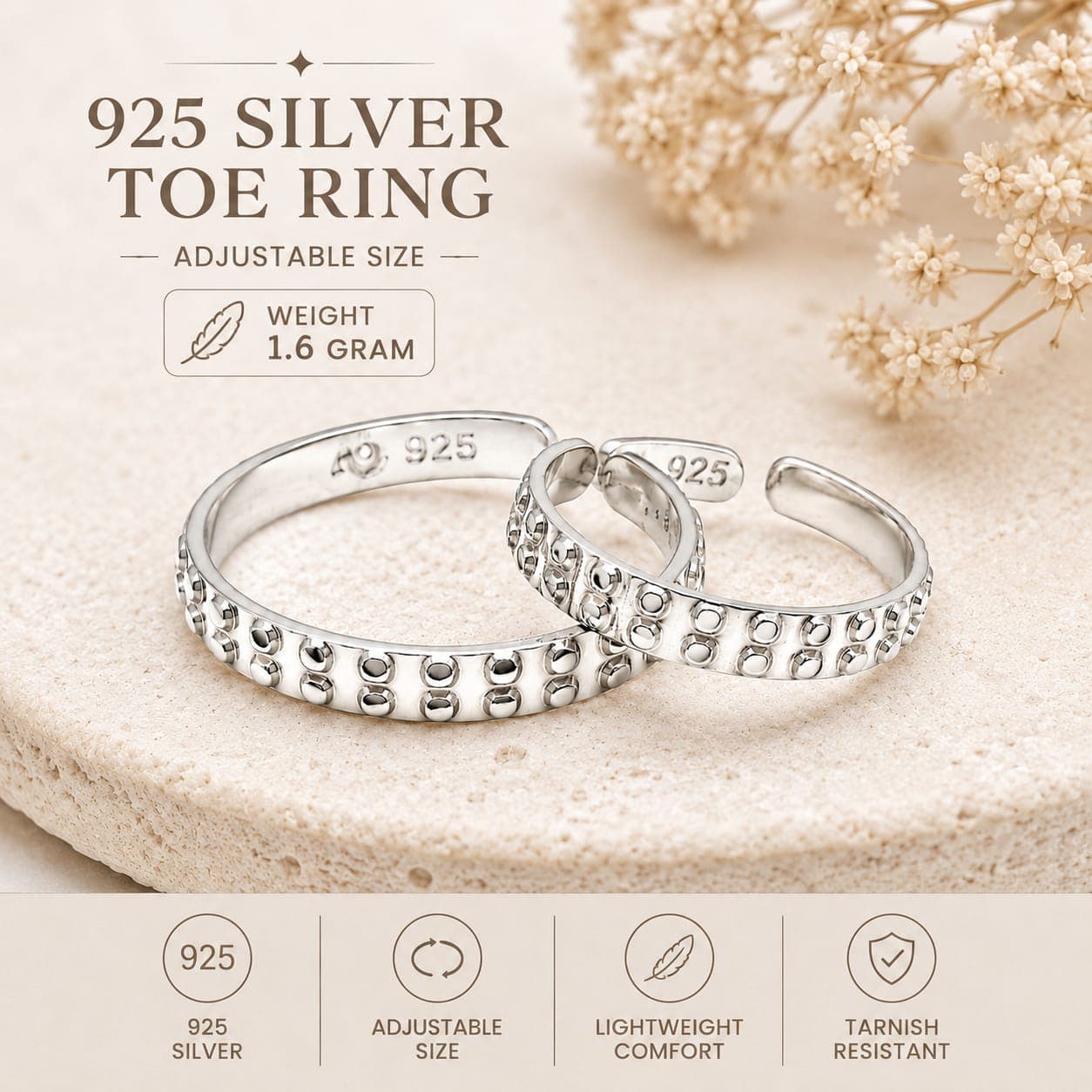 925 Sterling Silver Adjustable Toe Rings for Women | BIS Hallmarked | Adjustable Size (Design 6)