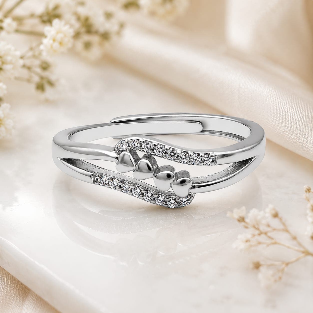 925 Silver Heart Ring for Women | Sparkling Cubic Zirconia Open Ring | Gift for Girls & Women | Adjustable