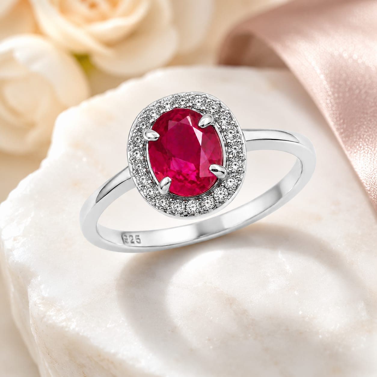 Oval Gemstone Halo Ring for Women | 925 Sterling Silver | Sparkling CZ Accent Stones | Available in Blue & Red Stone Variants