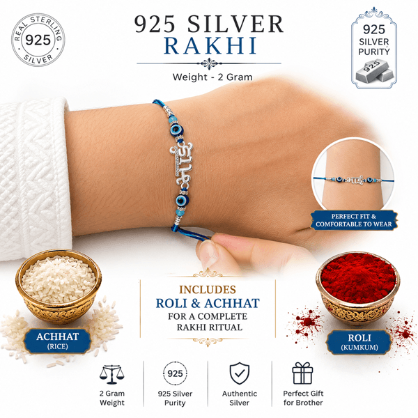 orisil jewels 925 Sterling Silver Rakhi for Brother | Bhai Charm with Evil Eye Beads | Includes Roli & Achhat