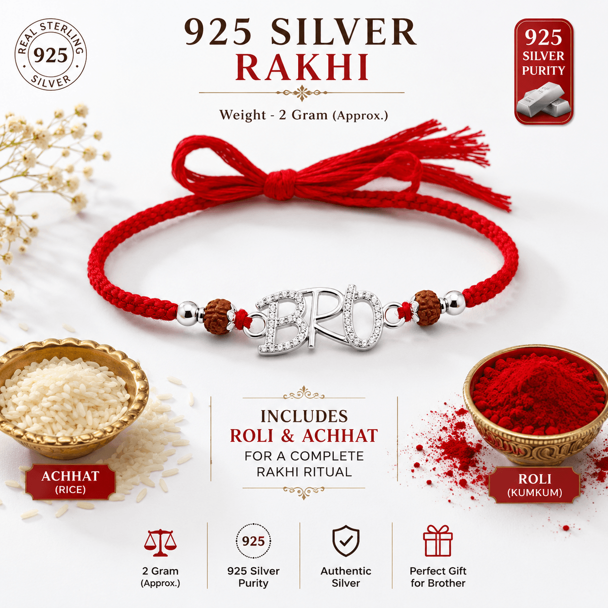 925 Sterling Silver Rakhi for Brother with Roli & Chawal | Handmade Raksha Bandhan Rakhi | Gift for Men & Boys | With Certificate of Authenticity and 925 Stamp