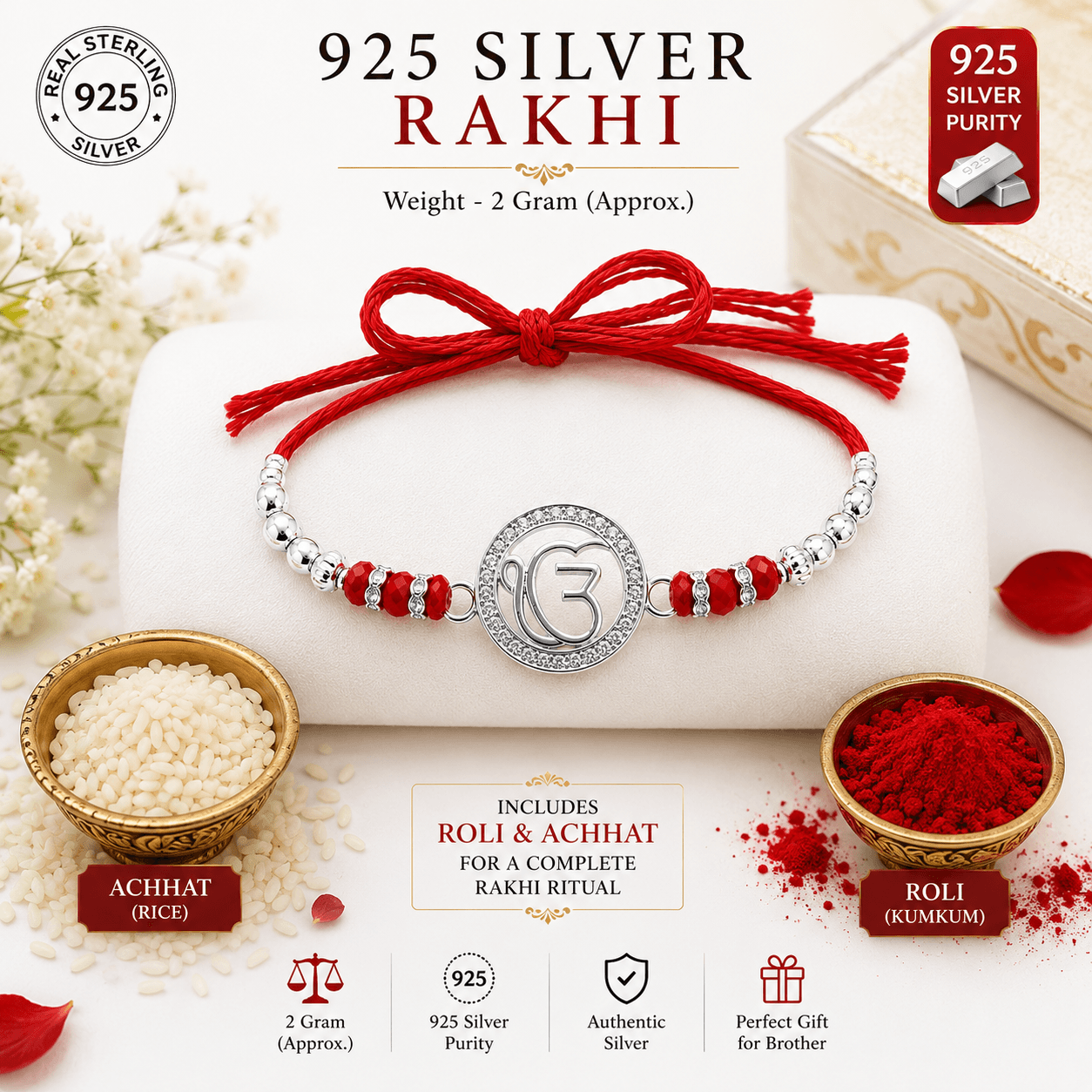 925 Sterling Silver Rakhi for Brother with Roli & Chawal | Handmade Raksha Bandhan Rakhi | Gift for Men & Boys | With 925 Stamp