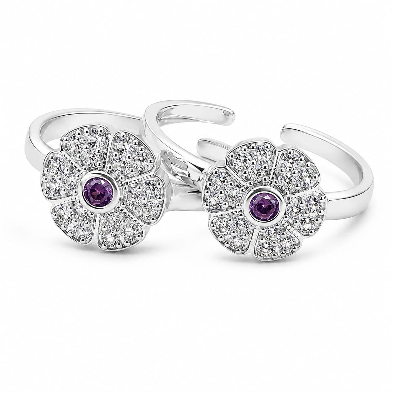 925 Sterling Silver Flower Toe Ring with Purple CZ, | Adjustable Open Design, CZ Studded Petals, Tarnish Resistant, Lightweight & Comfortable, Fits All Toe Sizes