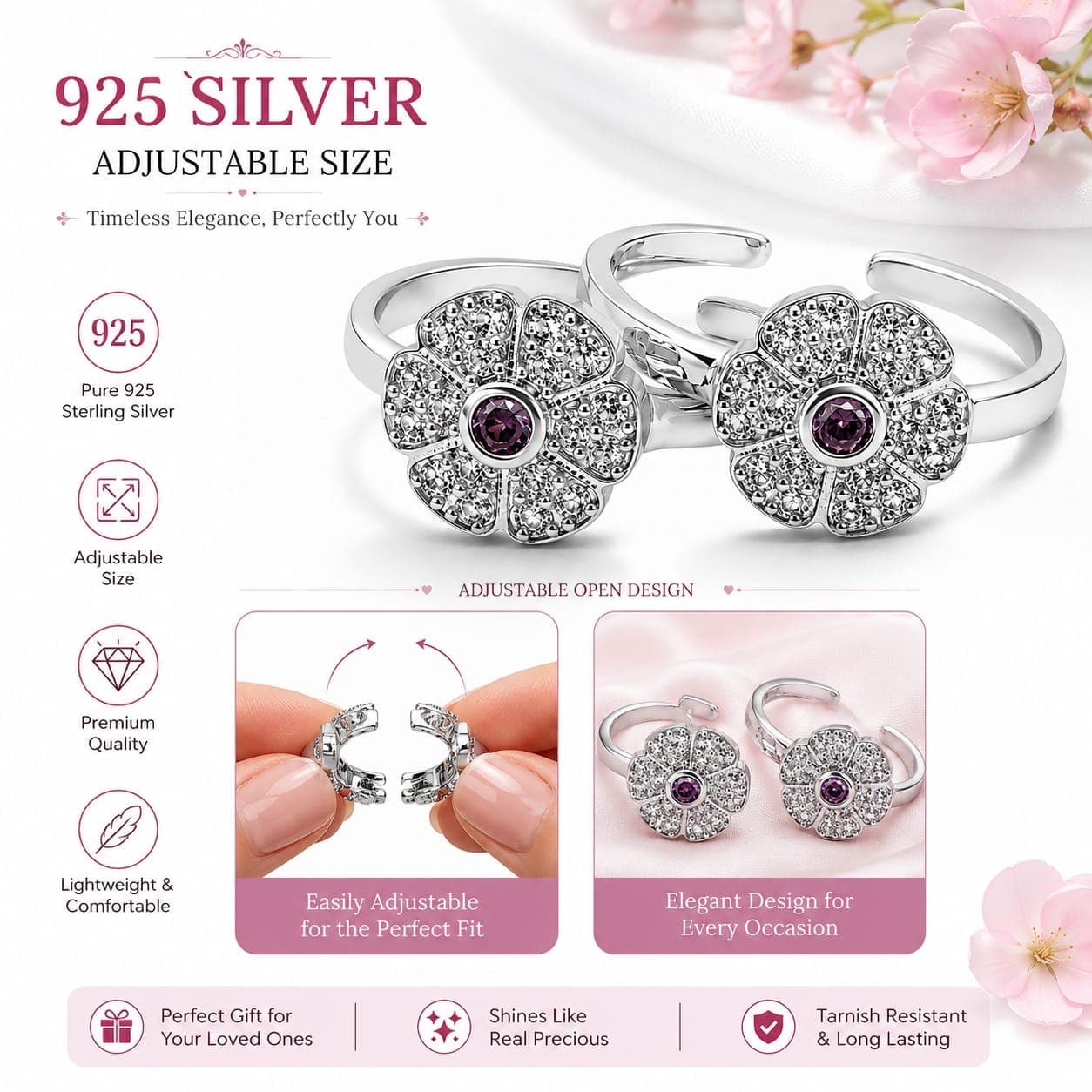 925 Sterling Silver Flower Toe Ring with Purple CZ, | Adjustable Open Design, CZ Studded Petals, Tarnish Resistant, Lightweight & Comfortable, Fits All Toe Sizes