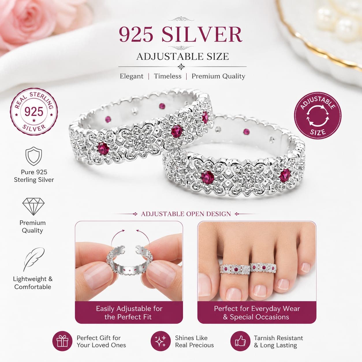925 Sterling Silver Toe Ring | Adjustable Bichiya Toe Ring for Women | Hypoallergenic Adjustable Band Ring