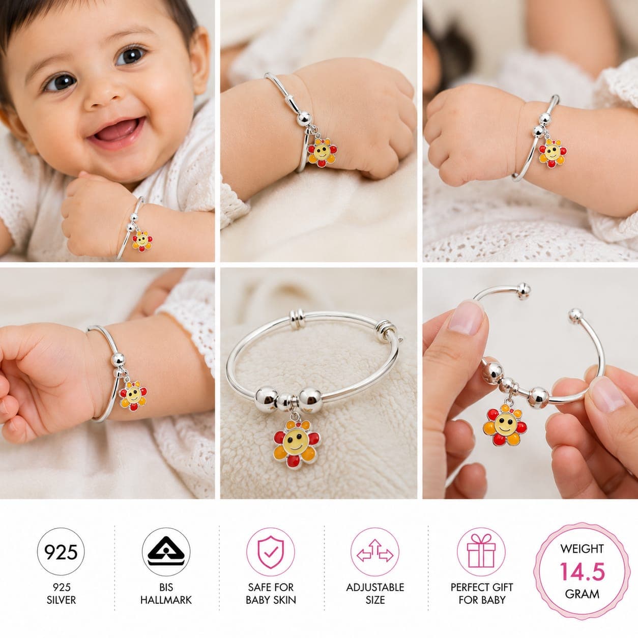 *925 Sterling Silver Baby Nazariya Bracelet for Kids | Adjustable Hand kada | BIS Hallmarked Silver | Traditional Baby Jewellery*