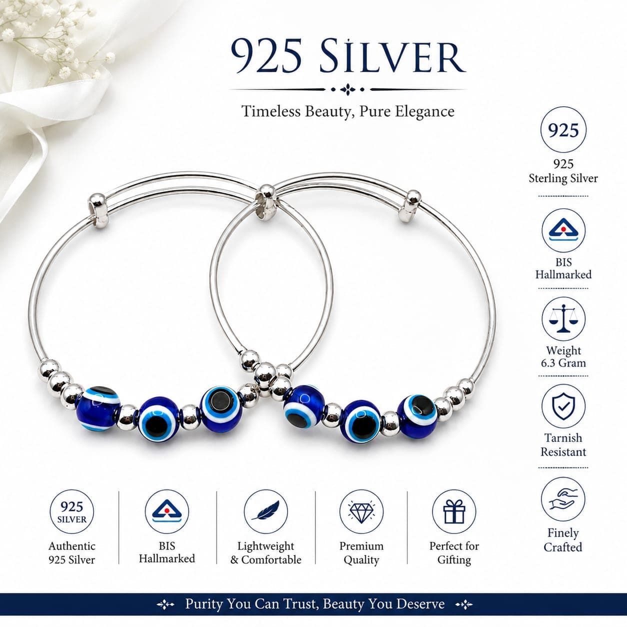 925 Sterling Silver Baby Nazariya Bracelet | BIS Hallmarked | Adjustable | Evil Eye Protection | Orisil Jewels