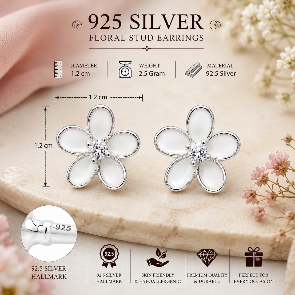 ORISIL JEWELS 925 Sterling Silver Flower Pearl Stud Earrings for Women & Girls | BIS Hallmarked | 1.2 cm Floral Earrings | Push Back Closure | 2.5 g | Gift for Her