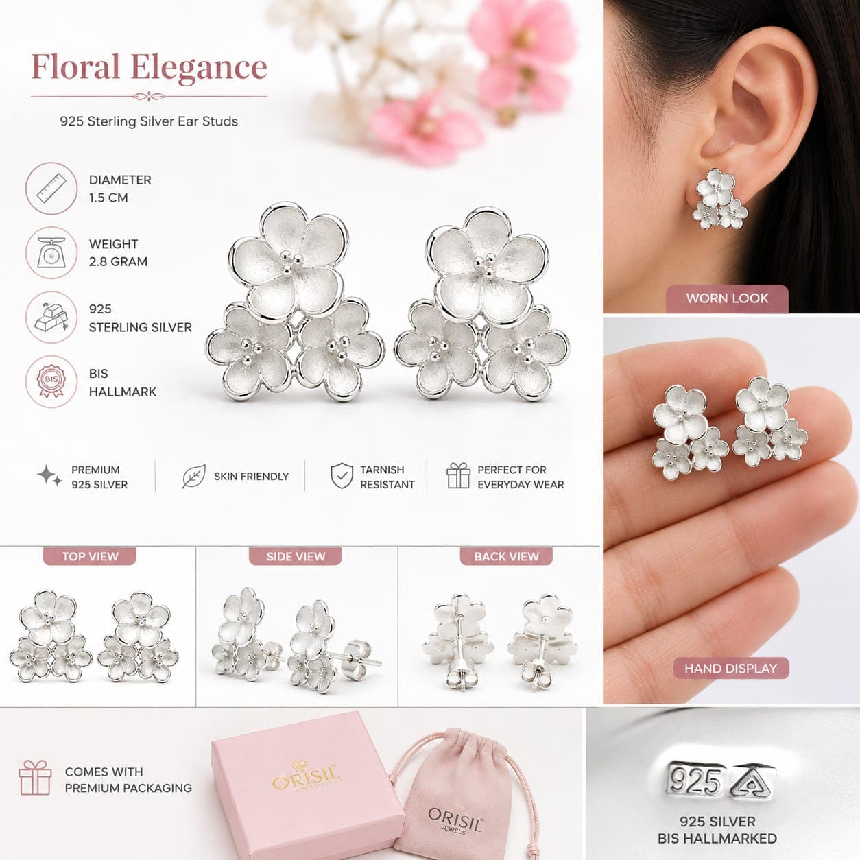 ORISIL JEWELS 925 Sterling Silver Flower Pearl Stud Earrings for Women & Girls | BIS Hallmarked | 1.5 cm Floral Earrings | Push Back Closure | 2.8 g | Gift for Her (Copy)