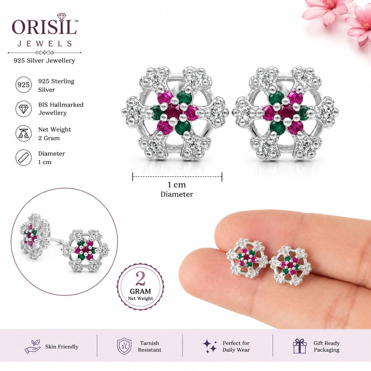 ORISIL JEWELS Women 925 Sterling Silver Floral Stud Earrings | Multicolour Stone Studs | BIS Hallmarked | 1 cm Diameter | Gift for Women & Girls (Copy)