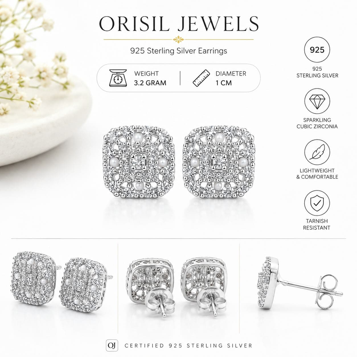 ORISIL JEWELS 925 Sterling Silver Square Stud Earrings for Women & Girls | Sparkling Cubic Zirconia | 925 Stamped | Lightweight & Comfortable | Gift for Her