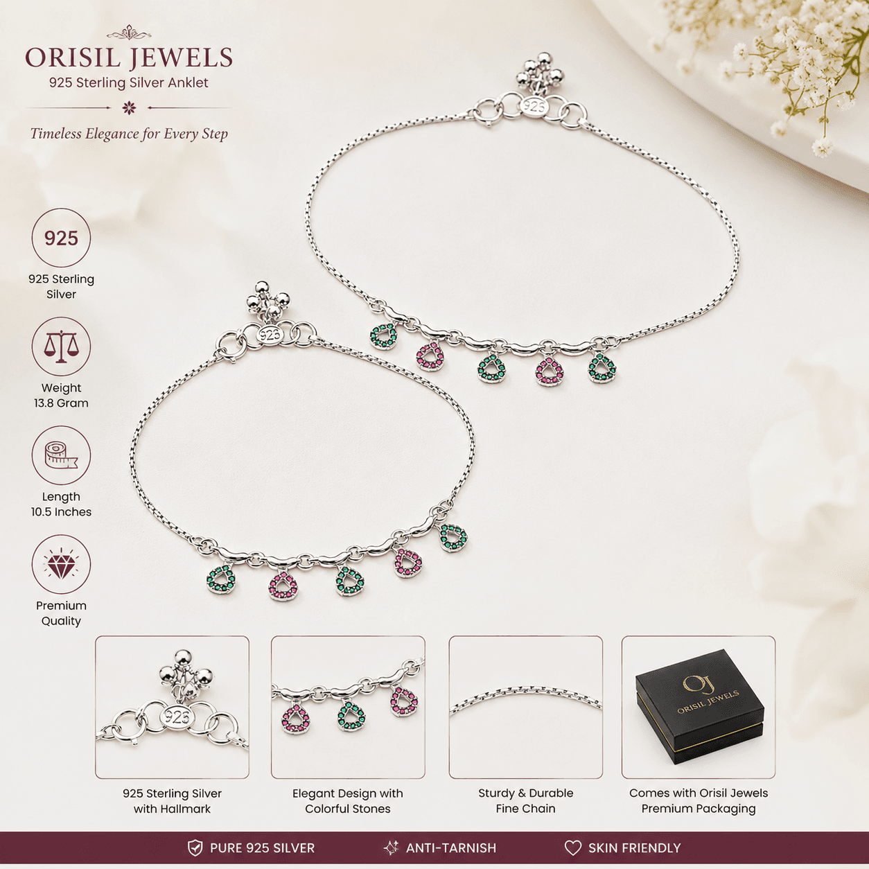 925 Sterling Silver Anklet for Women & Girls | Adjustable Silver Payal | BIS Hallmarked | CZ Charms
