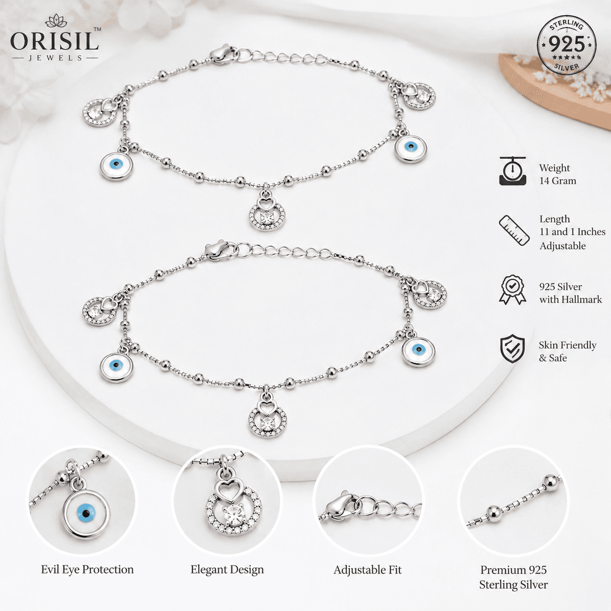 925 Sterling Silver Jewellery for Women & Girls | BIS Hallmarked | Elegant & Evil Eye Charm Anklet | Gift for Women, Girls, Wife & Girlfriend