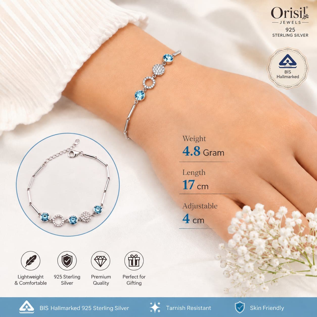 925 Sterling Silver Blue Crystal Bracelet gift for Women and Girls.