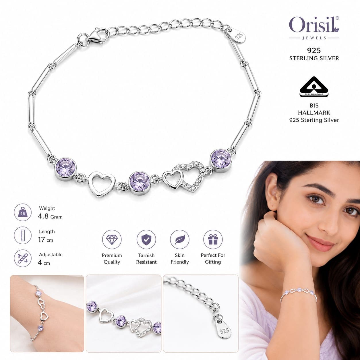 925 Sterling Silver Heart Bracelet with Purple CZ gift for girls and Women